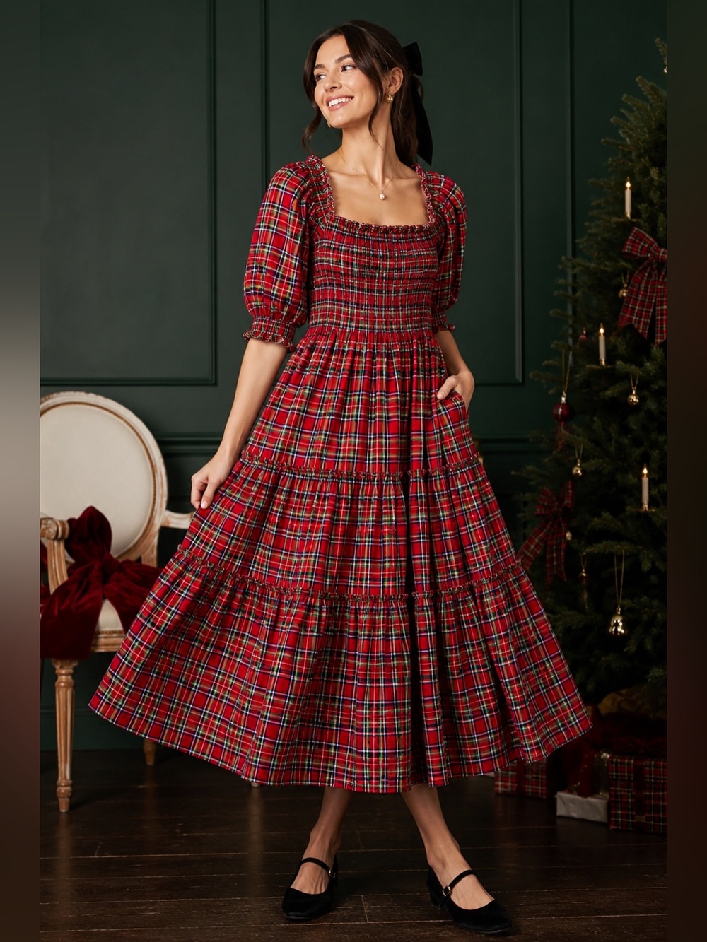 👗 Hill House The Ellie Nap Dress Plaid Smocked Midi Dress Size Small 🎄